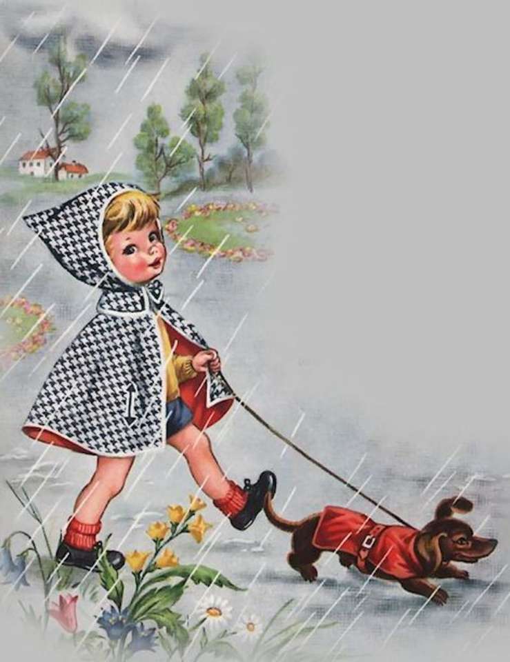 犬と一緒に雨の中を散歩 ジグソーパズルオンライン