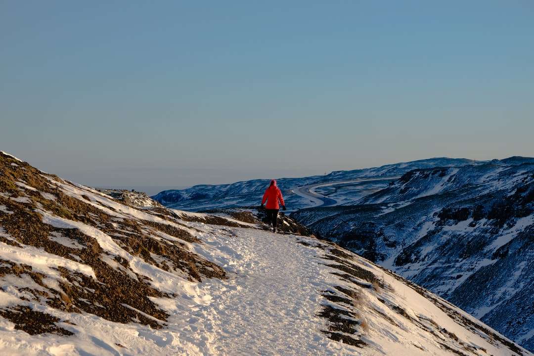 Persona en chaqueta roja caminando en la montaña cubierta de nieve rompecabezas en línea