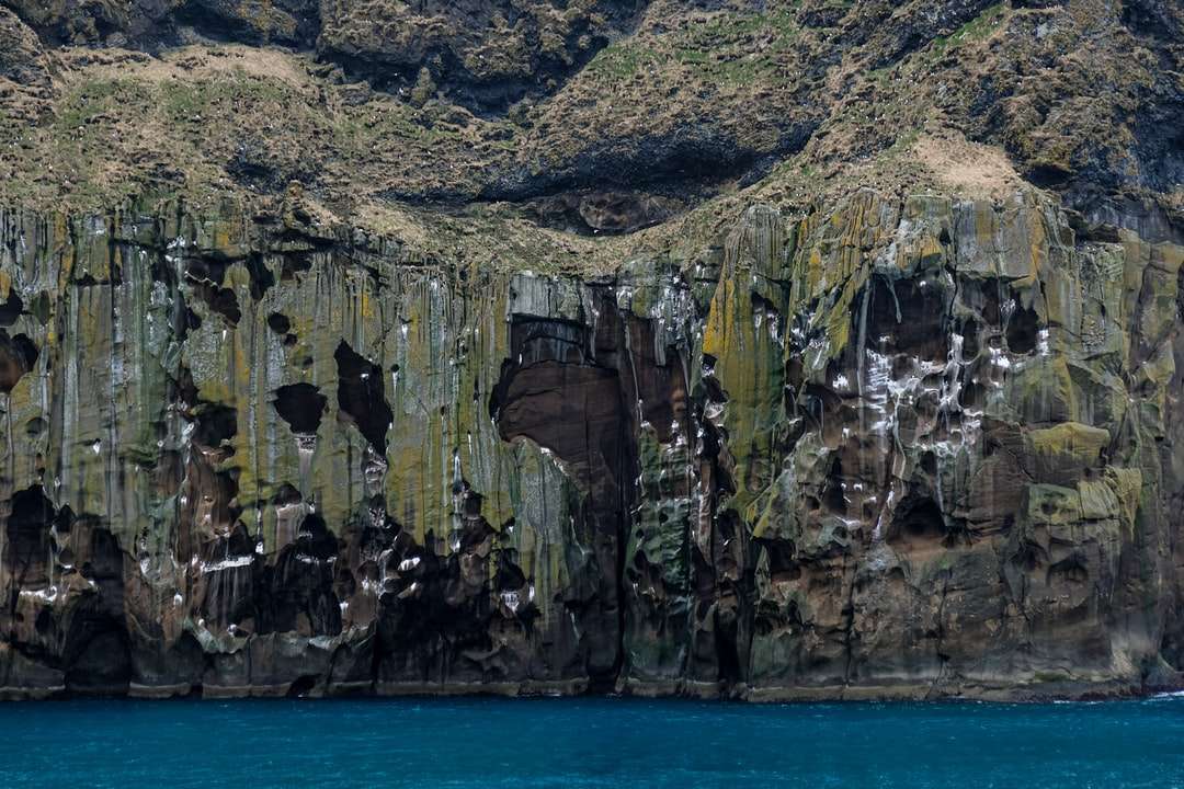 bruine en groene rotsformatie naast blauwe zee online puzzel