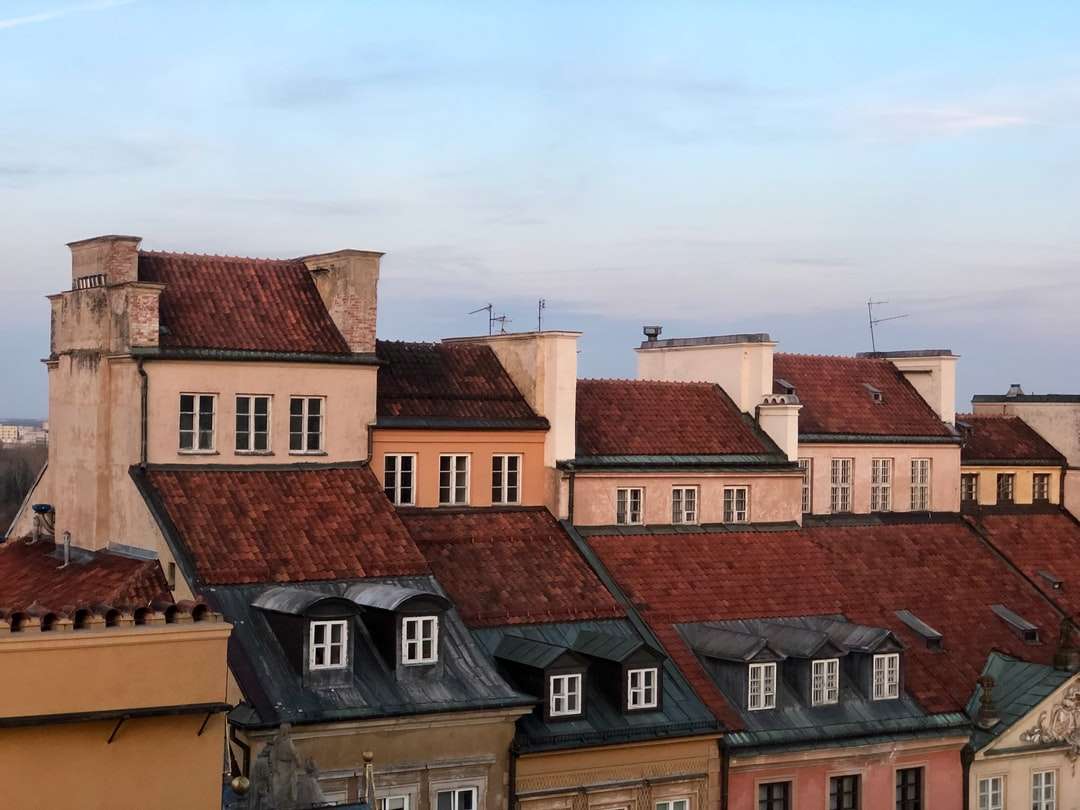 Braune und weiße Betonhäuser unter blauem Himmel Online-Puzzle