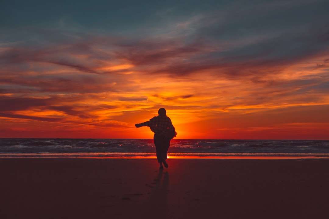 Silhouette des Mannes, der auf Strand während des Sonnenuntergangs steht Online-Puzzle