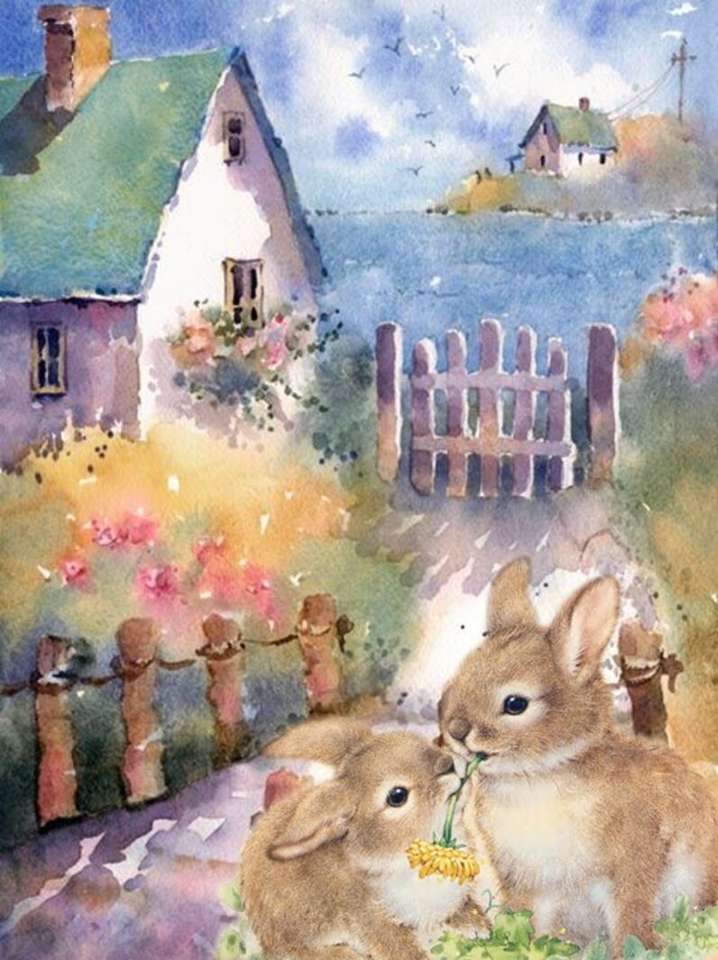 Mamma di coniglio e il suo piccolo davanti alla casa puzzle online