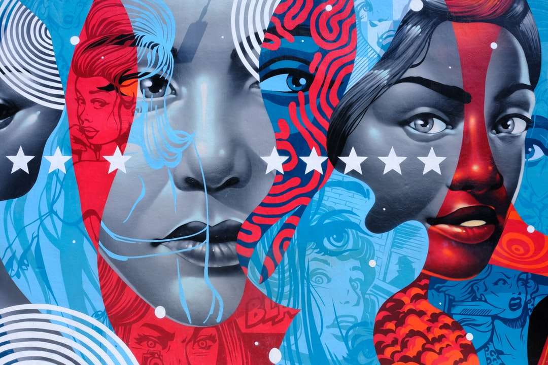 Femeie cu vopsea de față albastră și roșie puzzle online