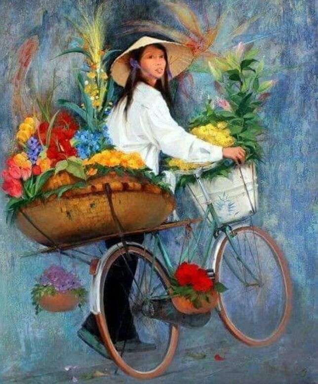 Молодая азиатская женщина собирается на рынок на велосипеде онлайн-пазл