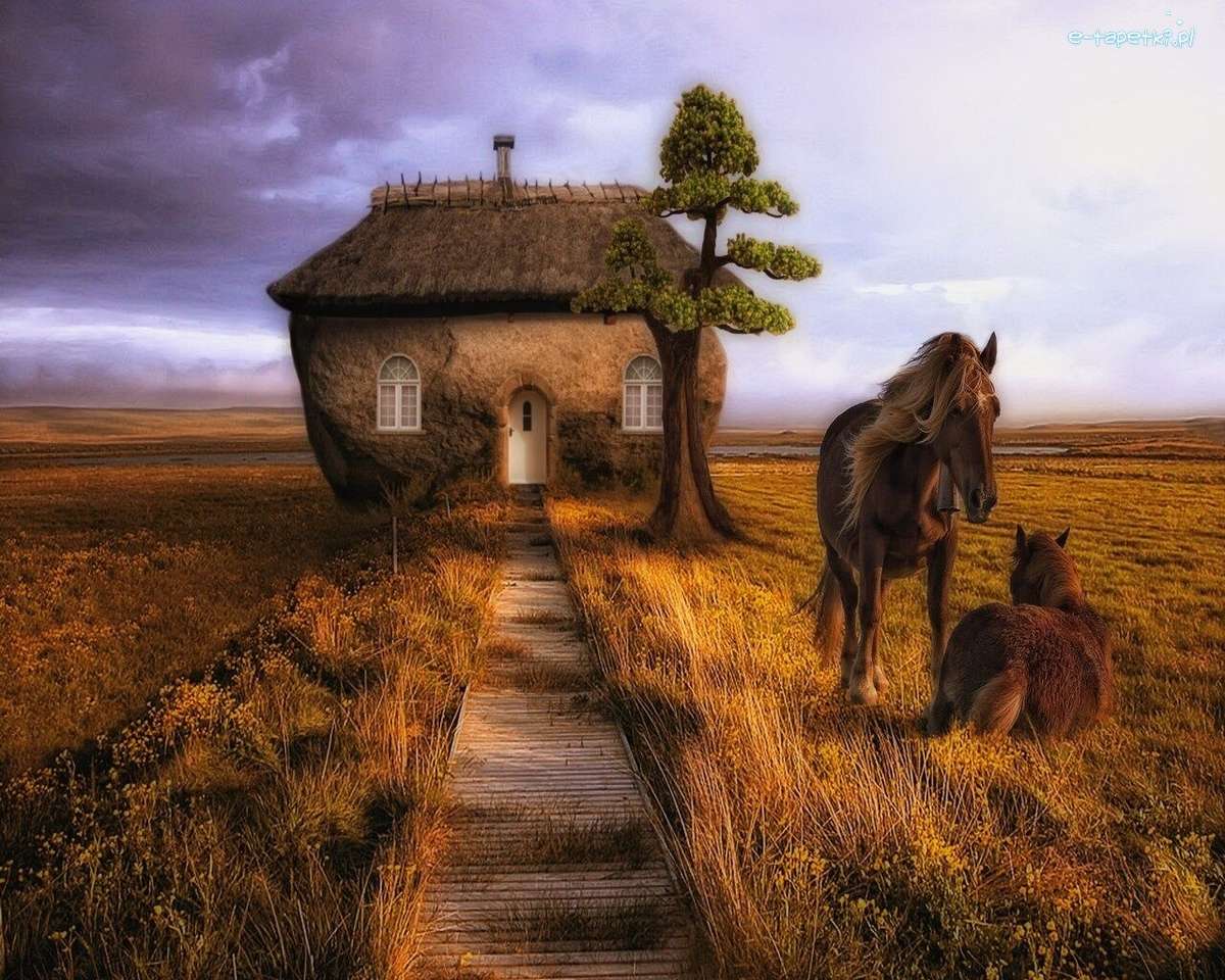 Deux chevaux à l'extérieur d'une maison puzzle en ligne