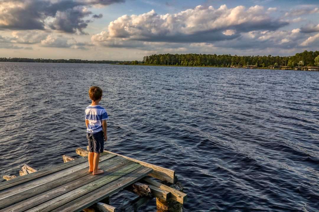 băiat în tricou alb stând pe docul din lemn în timpul zilei puzzle online