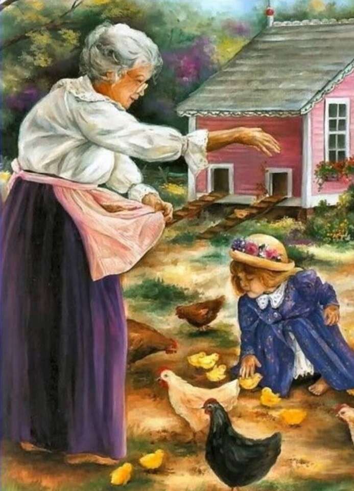 Dar a comer con los pollos con la abuela. rompecabezas en línea