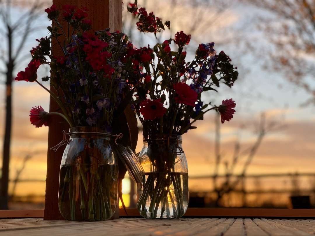 Piros és sárga virágok tiszta üveg vázában kirakós online