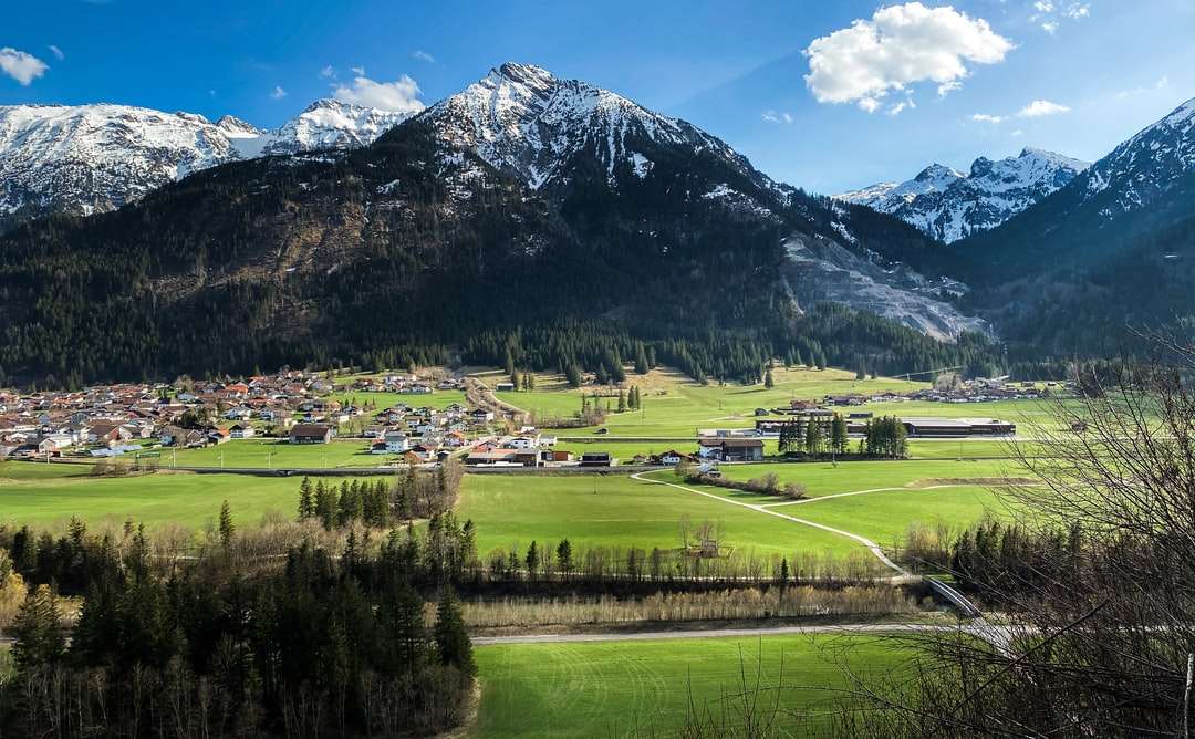 Grüne Grasfeld in der Nähe von Berg unter blauem Himmel Puzzlespiel online
