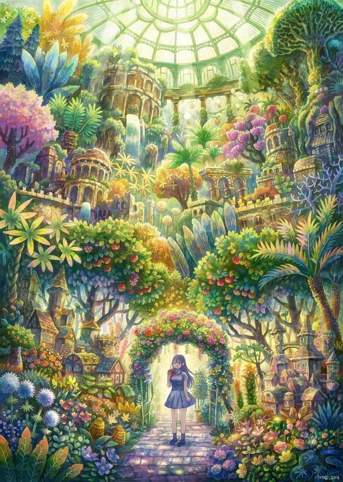 Dívka uprostřed mnoha rostlin: v online puzzle