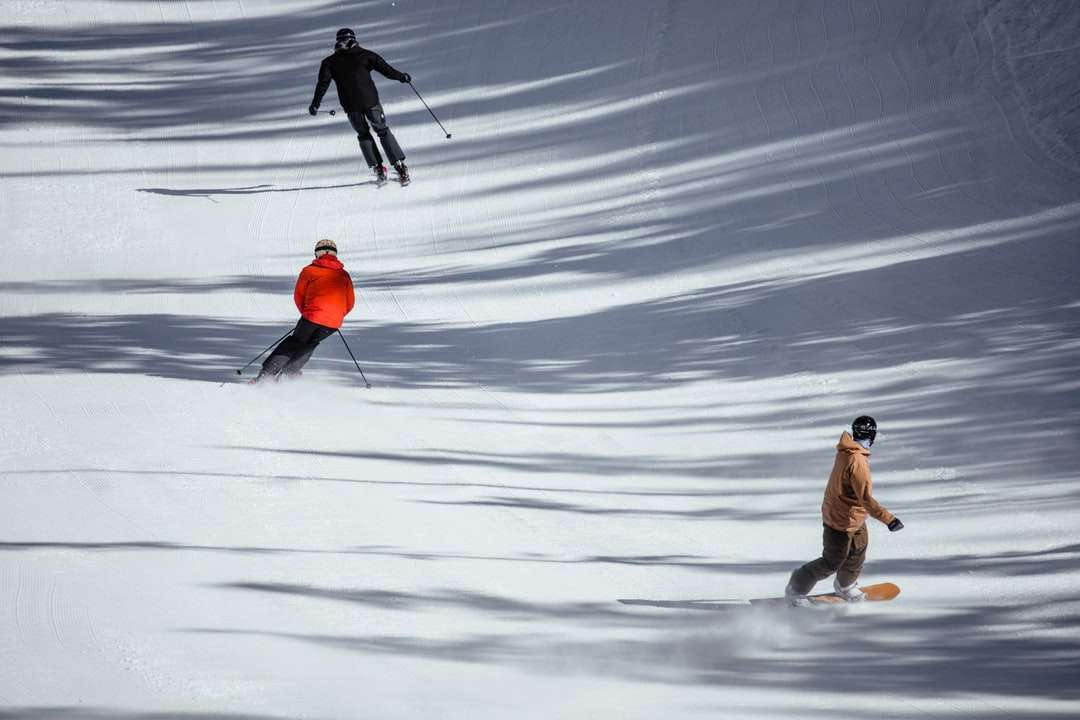 Muž v hnědé bundě a šedé kalhoty drží lyžařské póly skládačky online