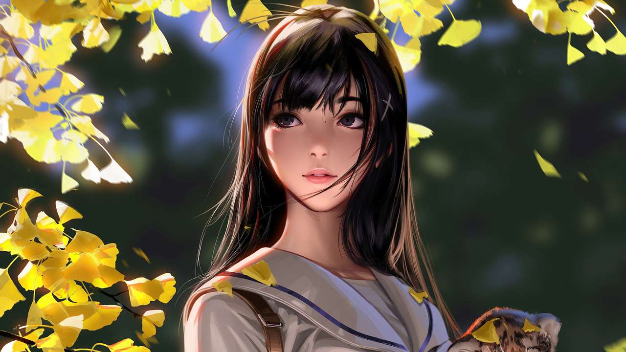 Anime lány virágokkal kirakós online