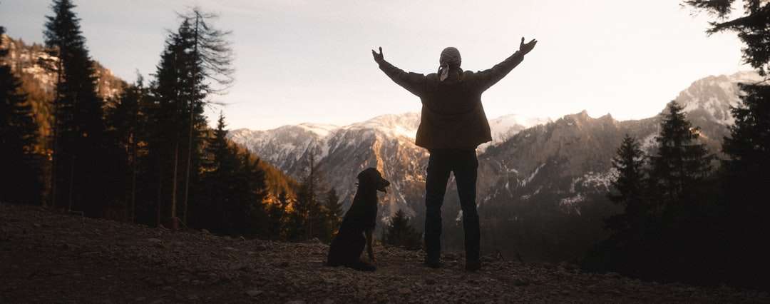 Silhouette dell'uomo in piedi sulla montagna durante il giorno puzzle online