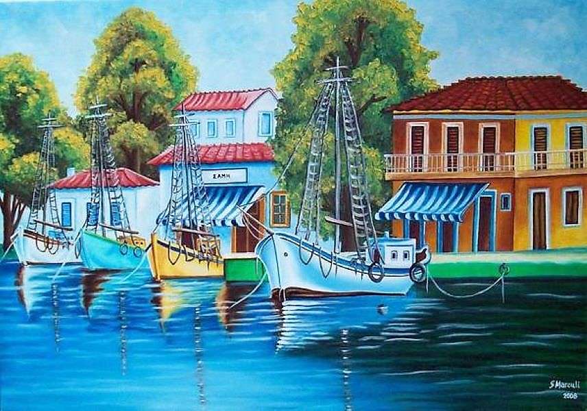 Painting City Sami on Kefalonia Ionian island jigsaw puzzle online