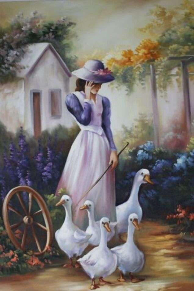 Young woman leaving walking with her geese online puzzle