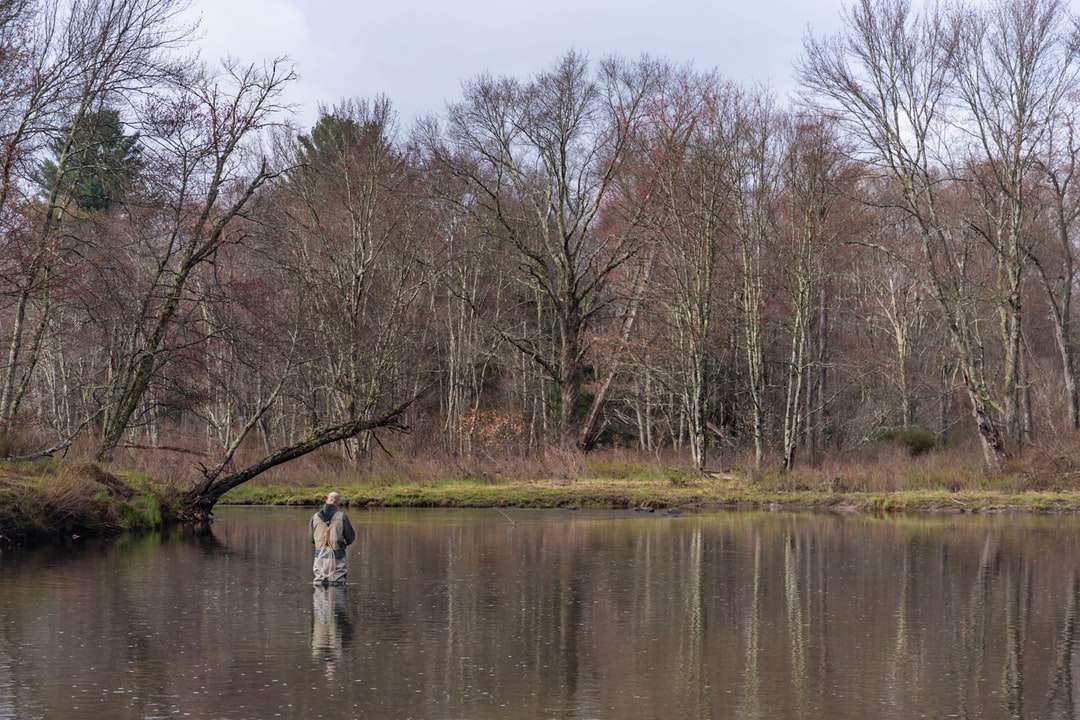 persona con chaqueta blanca y pantalones negros de pie en el río rompecabezas en línea