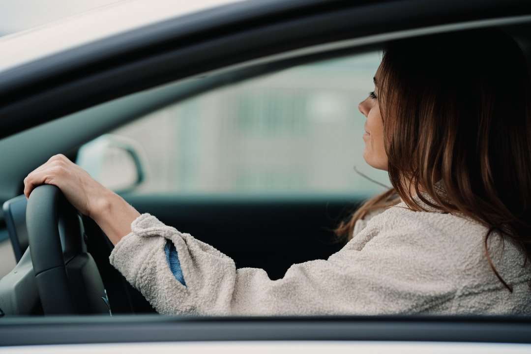Kvinna i grå hoodie sitter inne i bilen under dagtid pussel på nätet