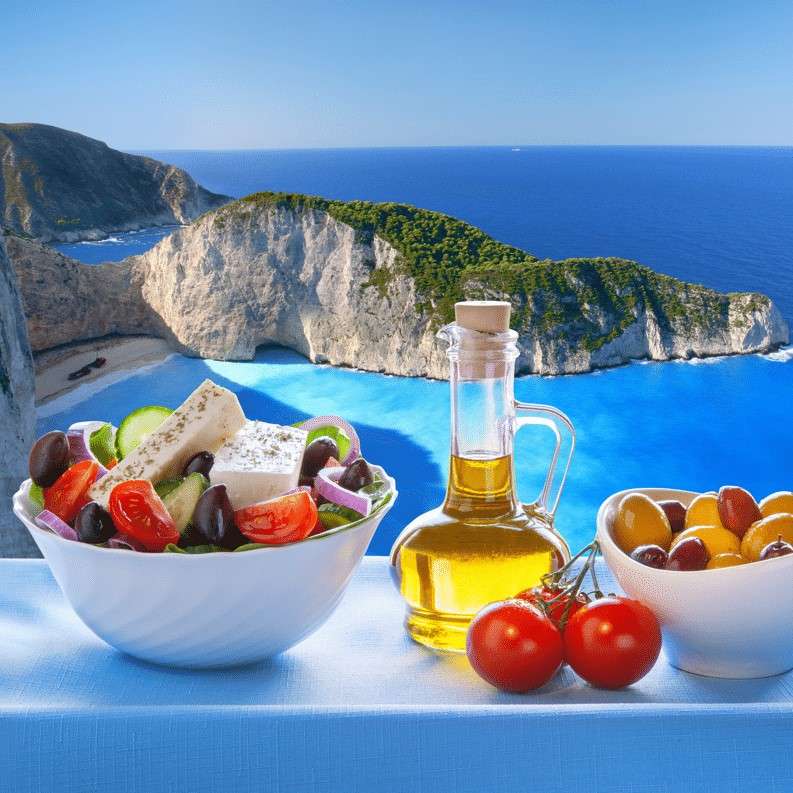 Comida com vista para a ilha na Grécia puzzle online