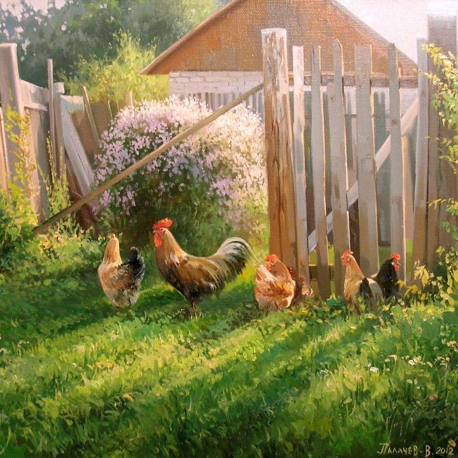Pollos con un gallo en el campo. rompecabezas en línea