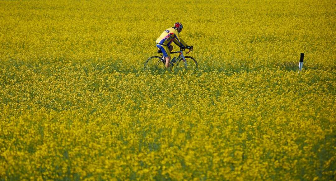 man in white shirt riding bicycle on yellow flower field online puzzle