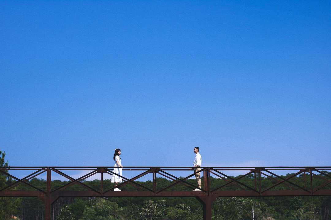 2 osoba stojící na černý kovový plot pod modrou oblohou skládačky online