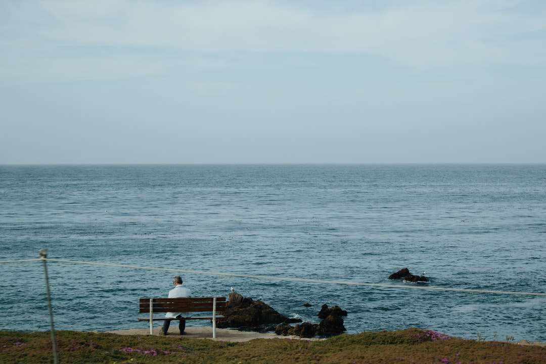 Persoana care stă pe benzile de lemn alb în apropierea mării în timpul zilei puzzle online