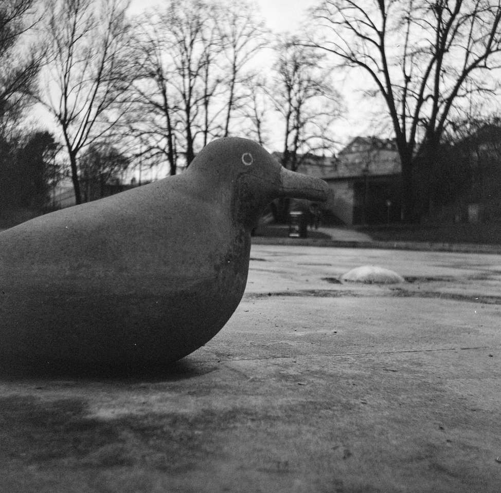 Estátua preta do pássaro no assoalho cinzento do concreto puzzle online