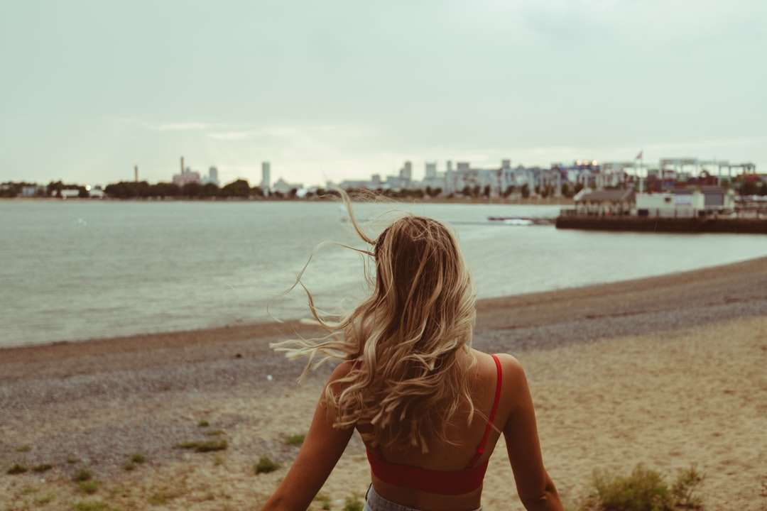 жінка в червоному бікіні, стоячи на пляжі в денний час пазл онлайн