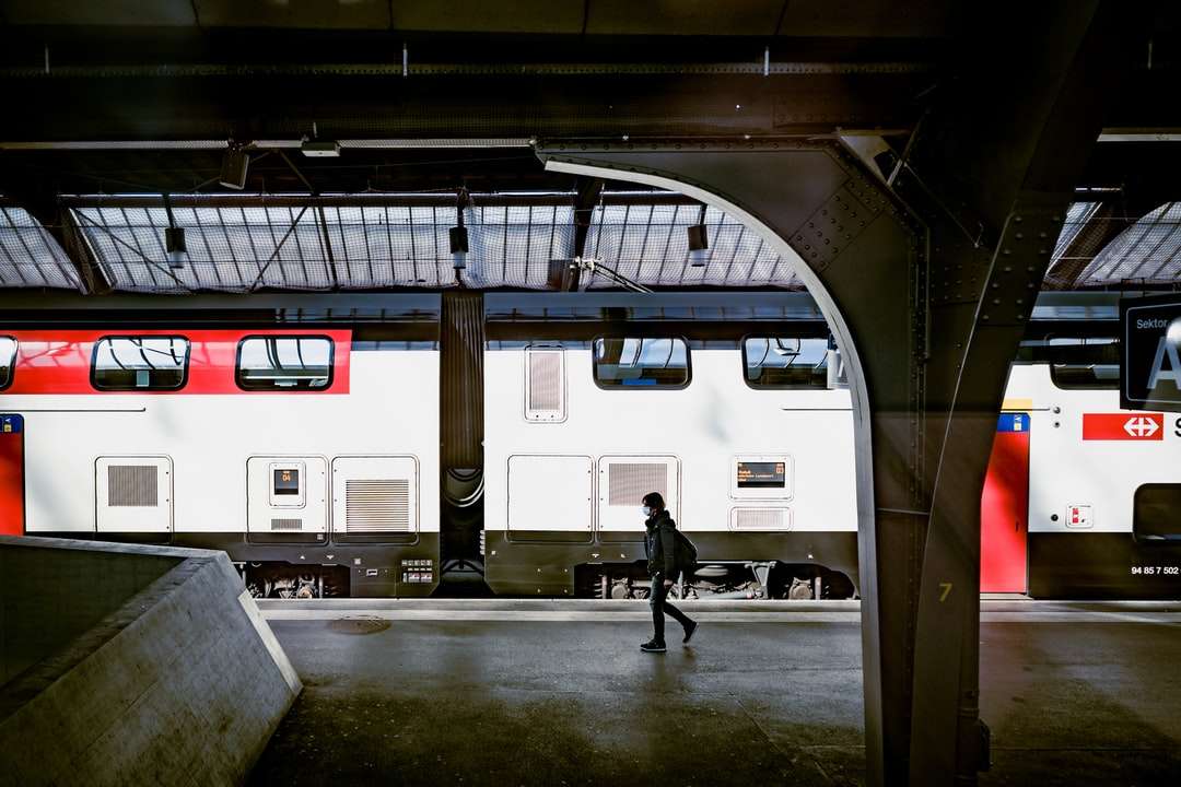 Homme en veste noire marchant près du train blanc puzzle en ligne
