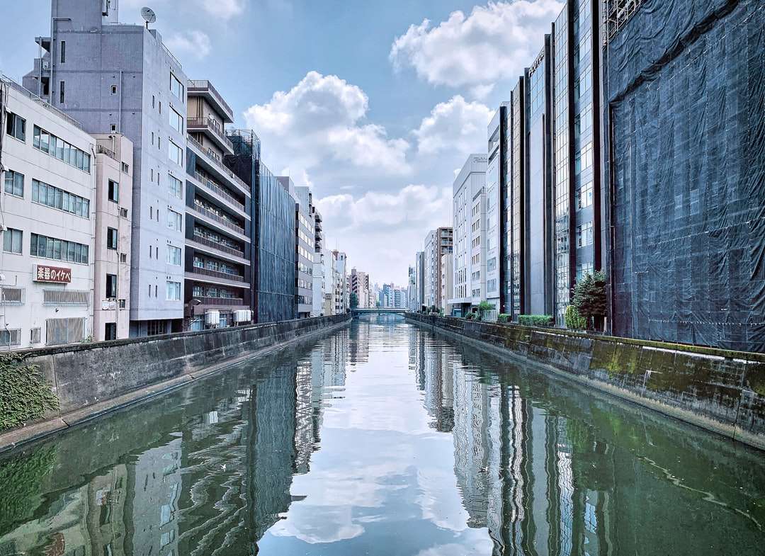 тялото на водата между високите сгради под синьо небе онлайн пъзел