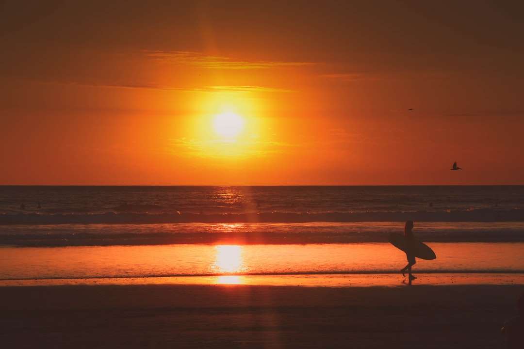 Силует на човек, който държи сърф, ходене по плажа онлайн пъзел