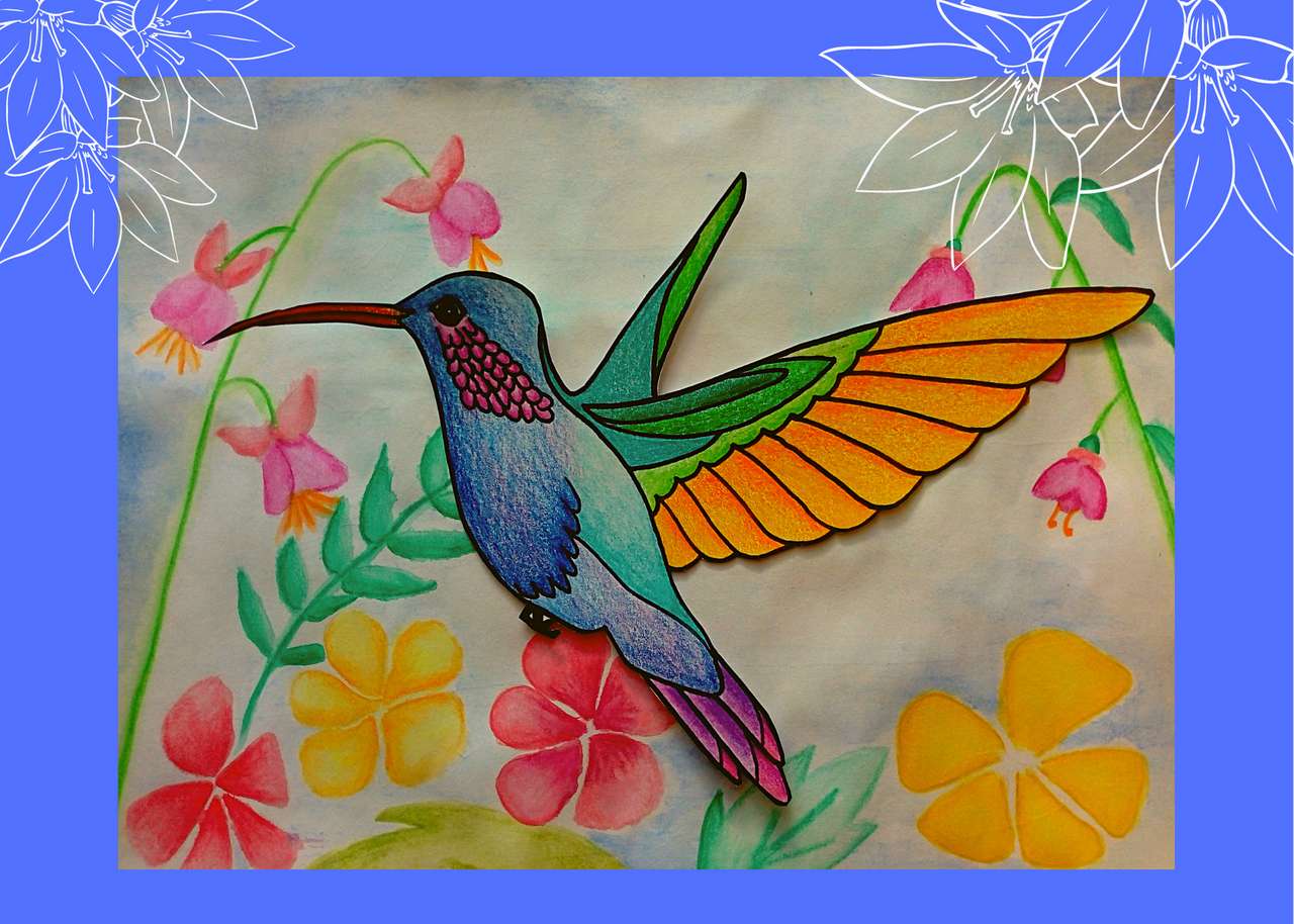 Hummingbird med blommor i akvarell Pussel online