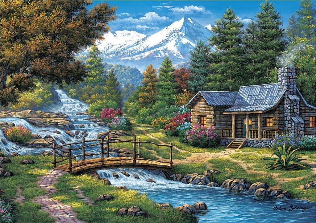 Egy ház a folyón a hegyekben online puzzle