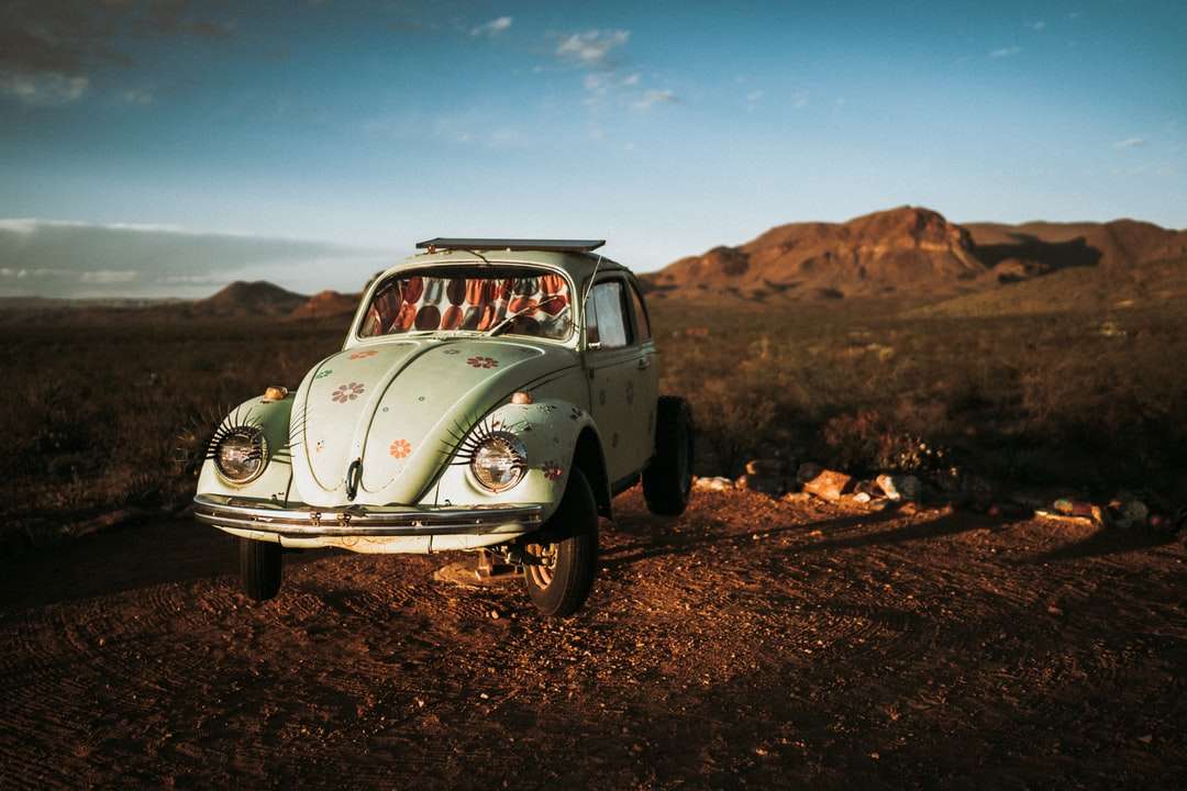 Weißer Volkswagen Käfer auf braunem Boden tagsüber Puzzlespiel online