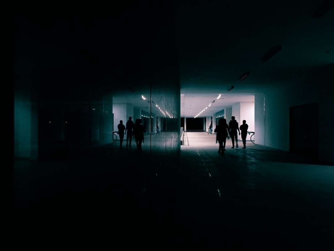 personnes marchant dans une pièce éclairée en bleu puzzle en ligne