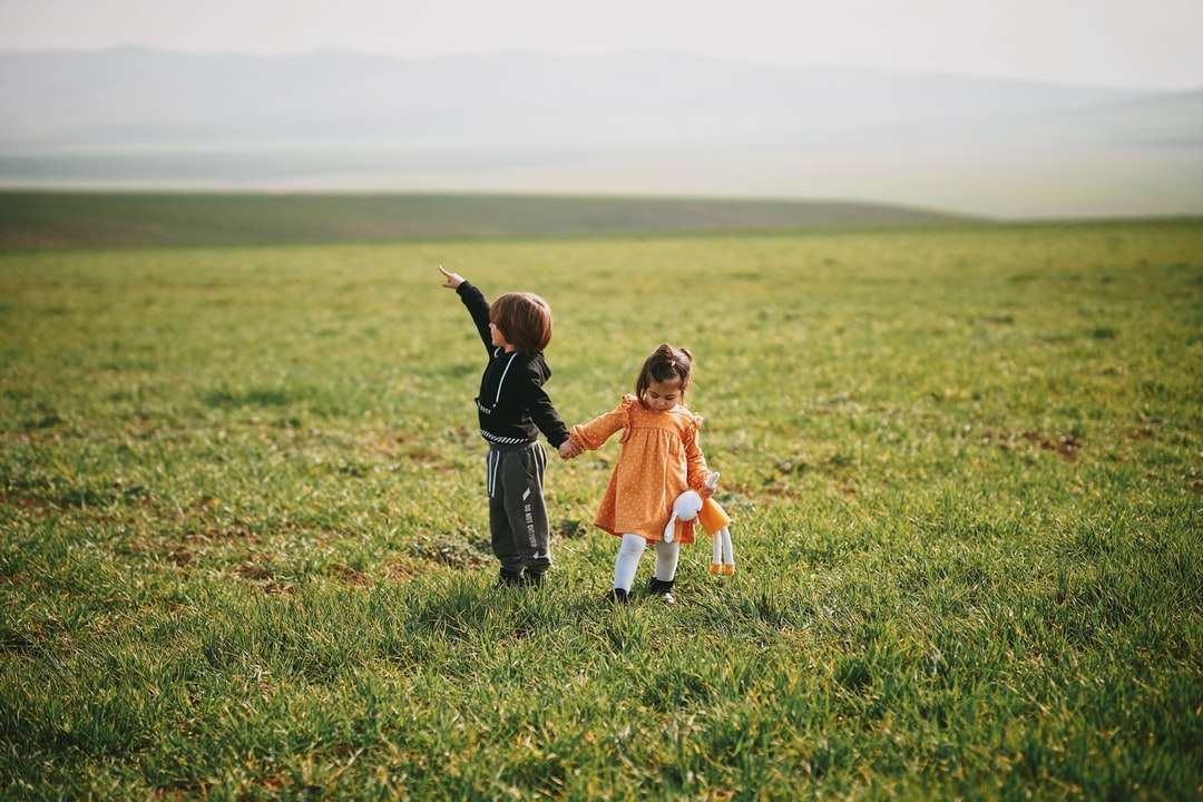 Mädchen im orange Kleid, das auf grünes Grasfeld geht Online-Puzzle