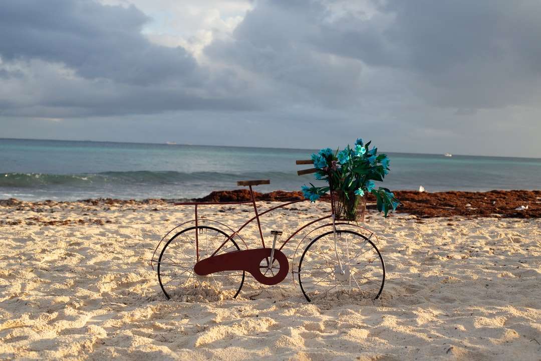 Καφέ ποδήλατο σε καφέ άμμο κοντά στο σώμα του νερού παζλ online