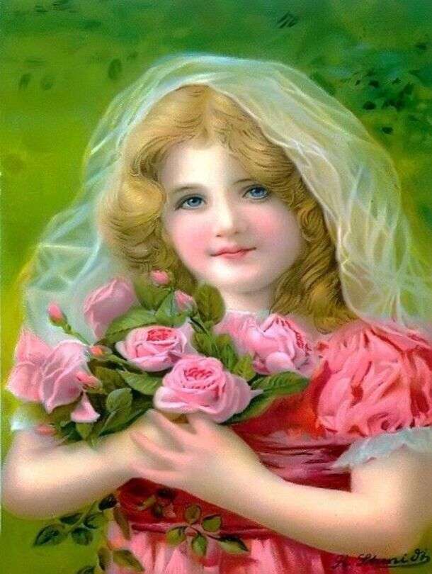 Момиче с букет от рози онлайн пъзел