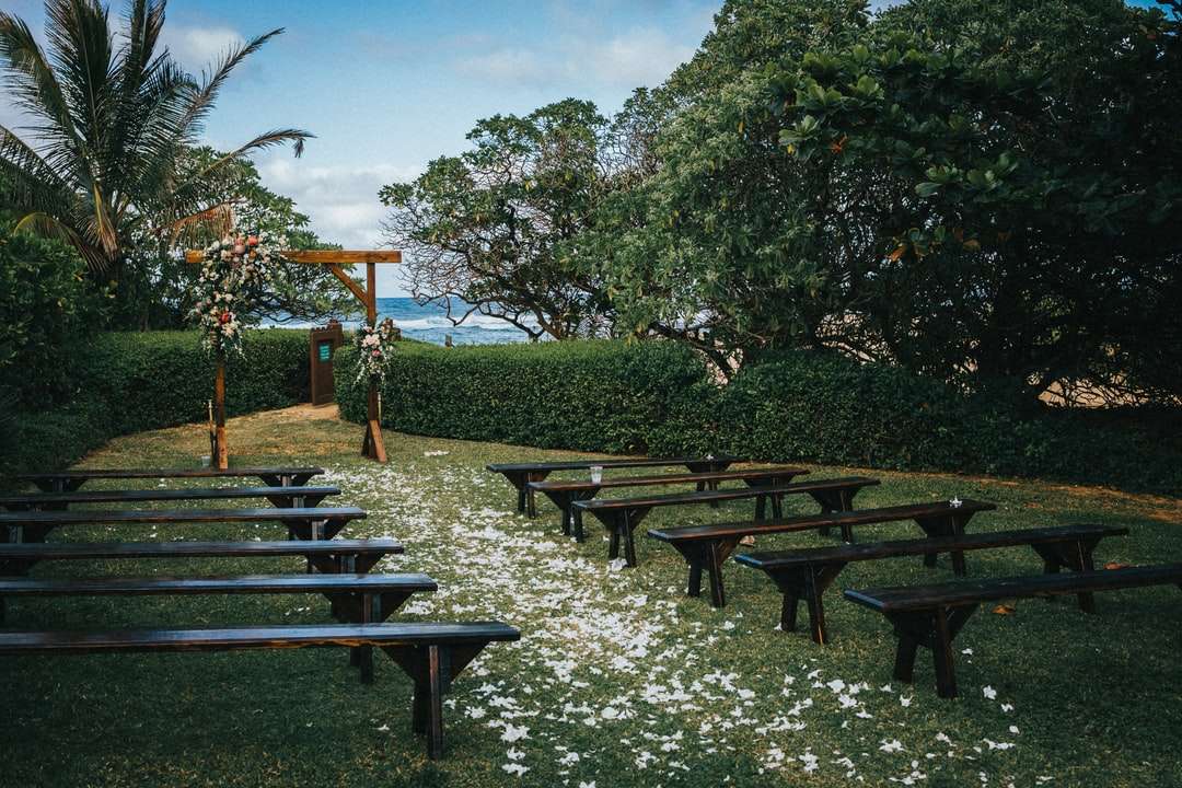 Tavolo da picnic in legno marrone sul campo di erba verde puzzle online