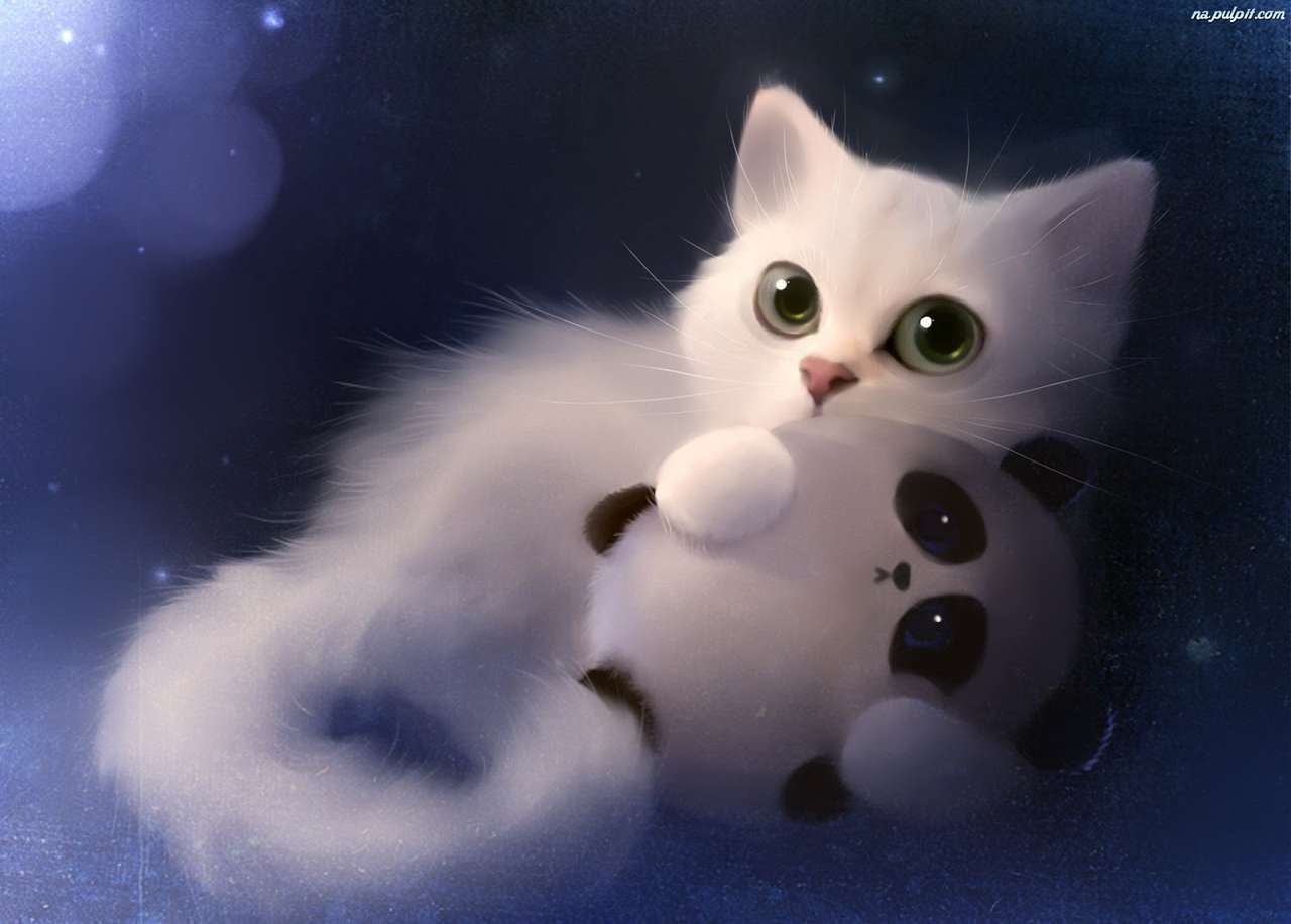 Witte kat met een pluche legpuzzel online