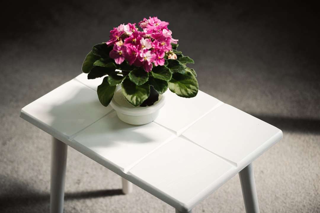 Rózsaszín virágok fehér asztalon online puzzle