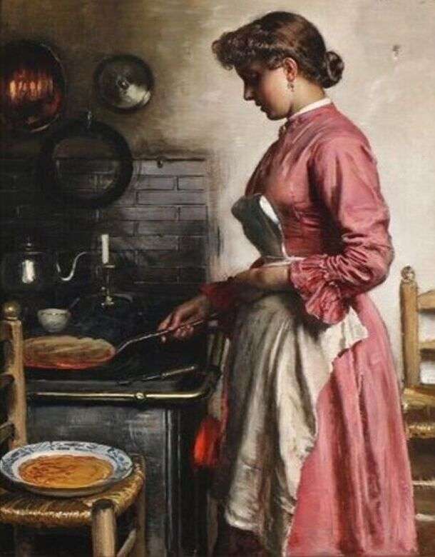 Νεαρή γυναίκα μαγείρεμα σε μια παλιά σόμπα παζλ online