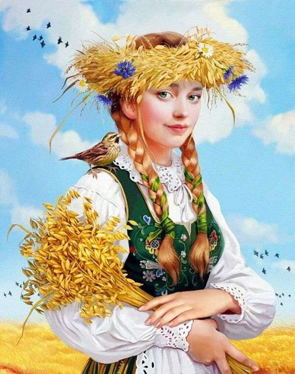 Chica bonita con corona de trigo rompecabezas en línea