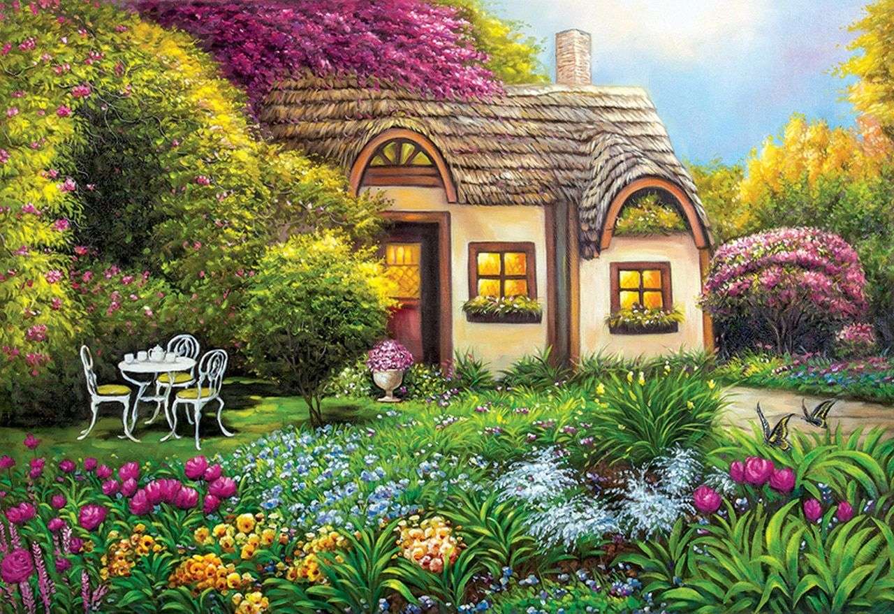 Cottage no campo com um jardim de flores puzzle online