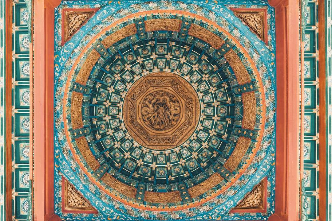 синий и коричневый цветочный декор круглой стены онлайн-пазл