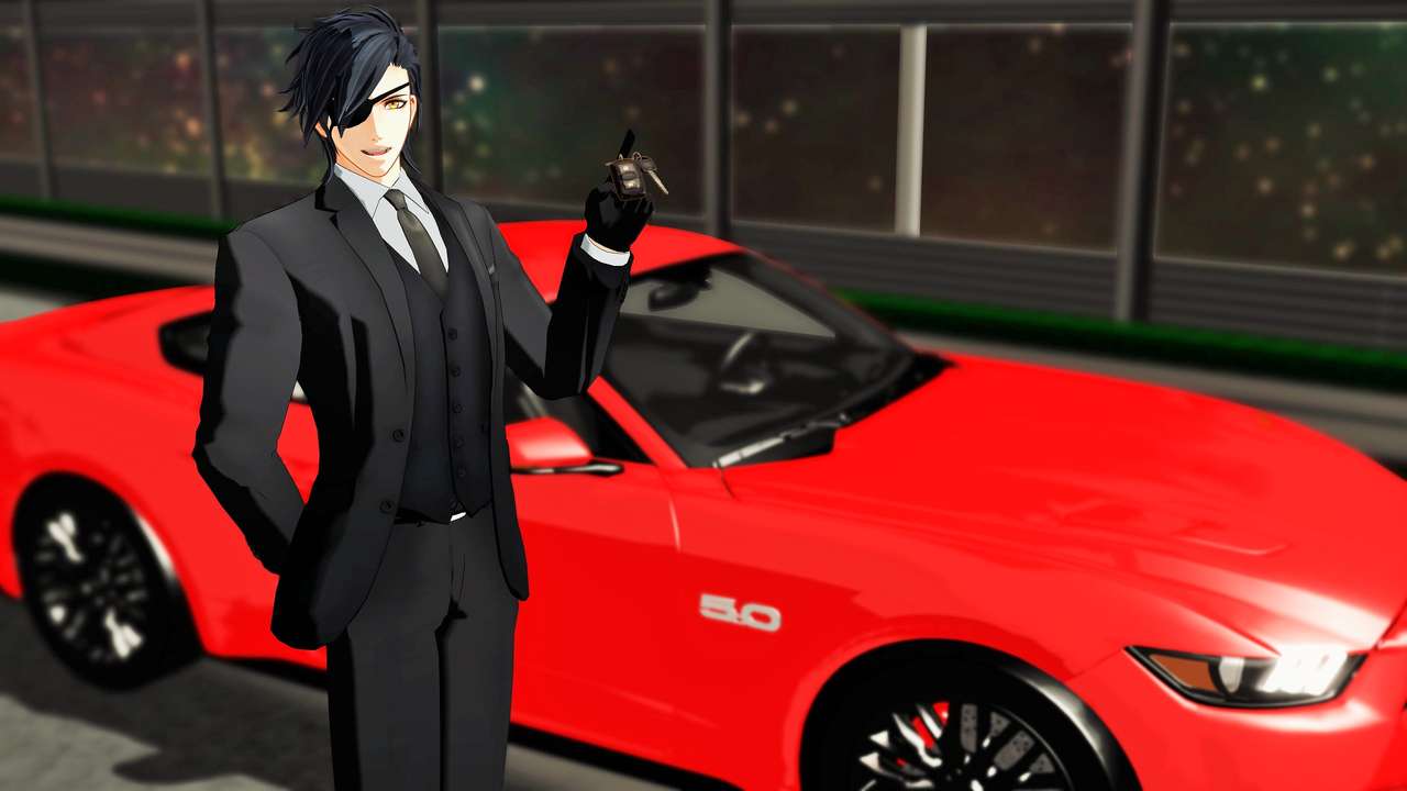 Mitsutada μπροστά από ένα όμορφο αυτοκίνητο παζλ online