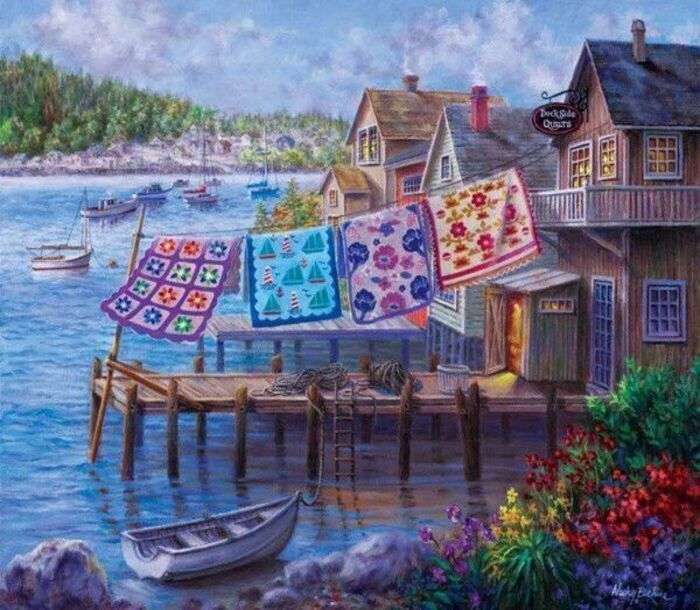 Casas no lago e lavanderia que seca puzzle online