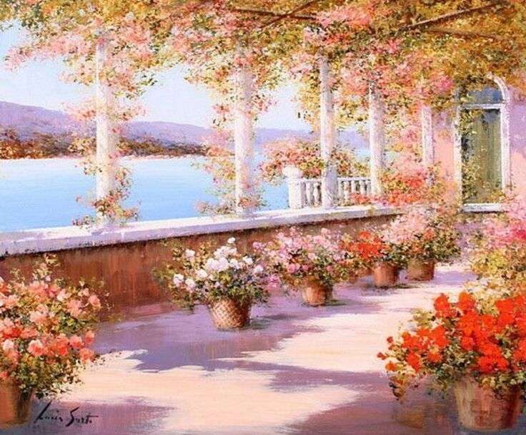 Flower terrace and lake view. jigsaw puzzle online