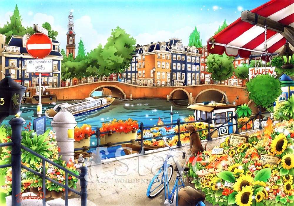 Brücke mit dem Fluss in der Stadt Puzzlespiel online