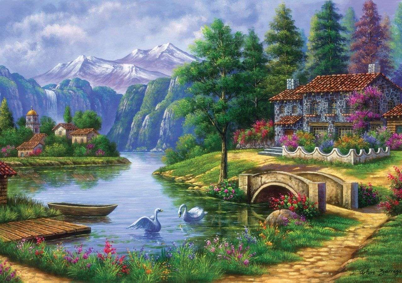Lac dans la ville dans les montagnes puzzle en ligne